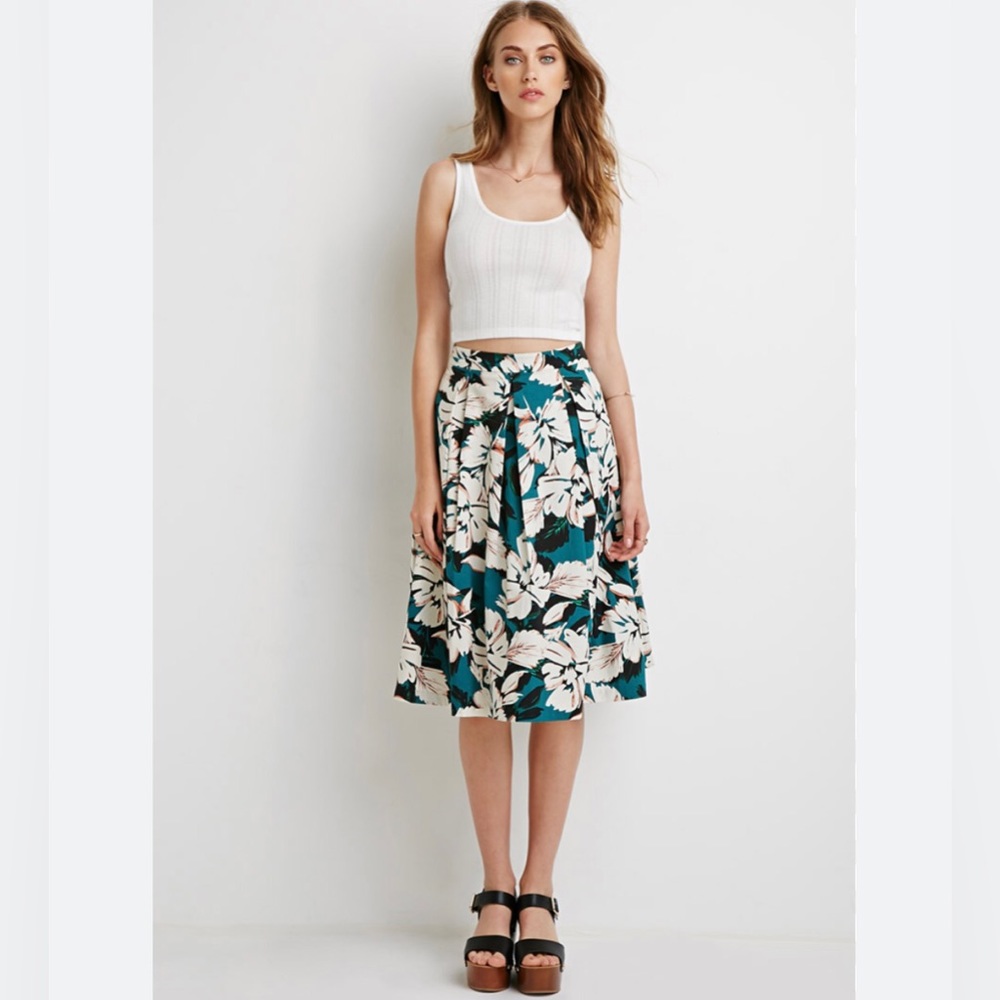 Forever 21 Pleated Midi Skirt Green Beige Floral Academia Womens Small